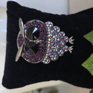 Silver Owl Brooch Pin / Pendant with Purple And AB Iridescent Rhinestones